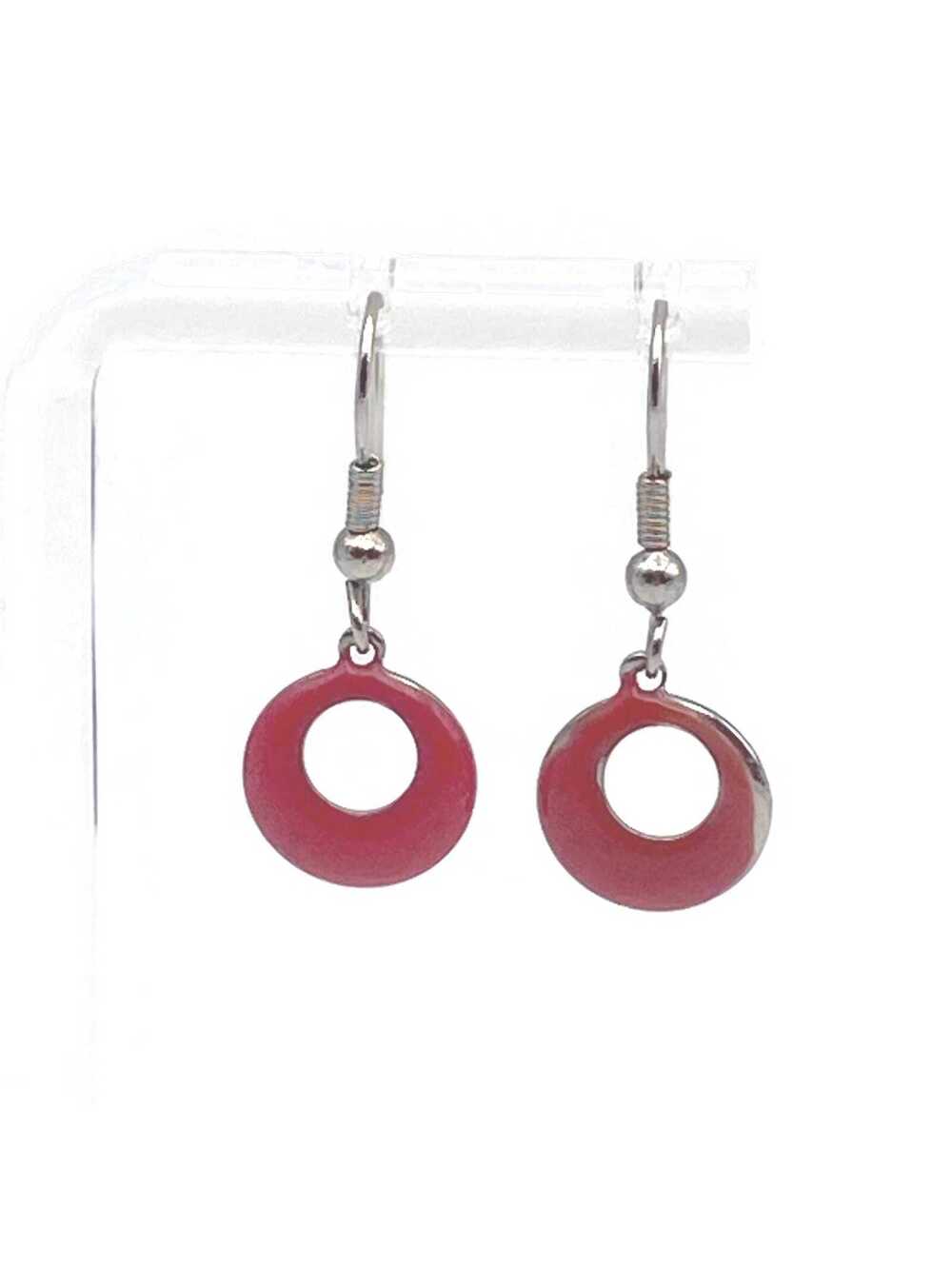 Small Vintage Round Silver Tone and Reddish Enamel Dangle Earrings.